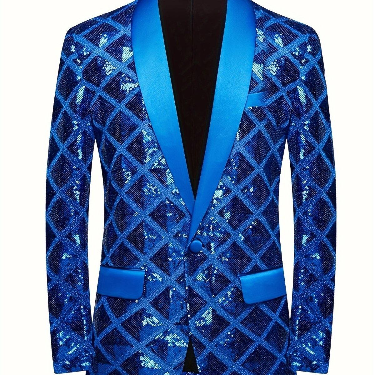 Men's SHOWLU FASHION sequin geometric suit jacket with shawl collar, one-button blazer, long sleeves, and pockets for elegant occasions.