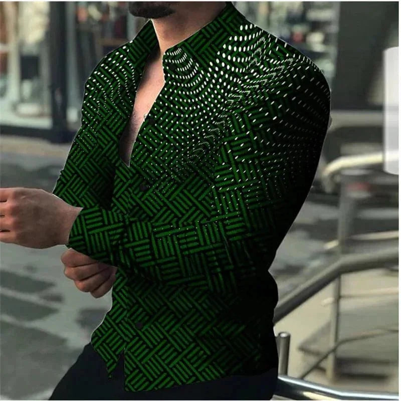 Men's long sleeve gradient casual shirt by SHOWLU FASHION STORE, featuring breathable silk blend fabric, in green, black, blue, purple, and red.