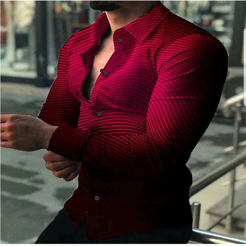 Men's long sleeve gradient casual shirt by SHOWLU FASHION STORE, featuring breathable silk blend fabric in green, black, blue, purple, and red.