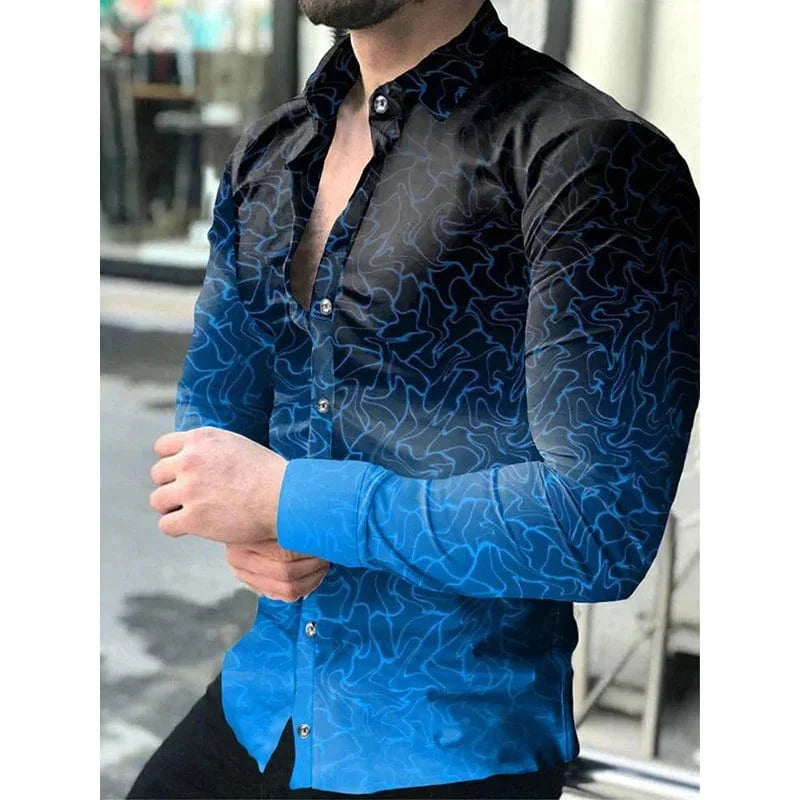 Men's long sleeve gradient casual shirt by SHOWLU FASHION STORE featuring breathable silk blend fabric, green, black, blue, purple, and red colors.
