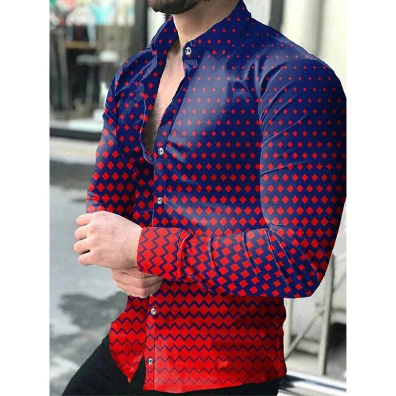 Men's long sleeve gradient casual shirt by SHOWLU, featuring breathable silk blend fabric, buttoned lapel in green, black, blue, purple, and red.