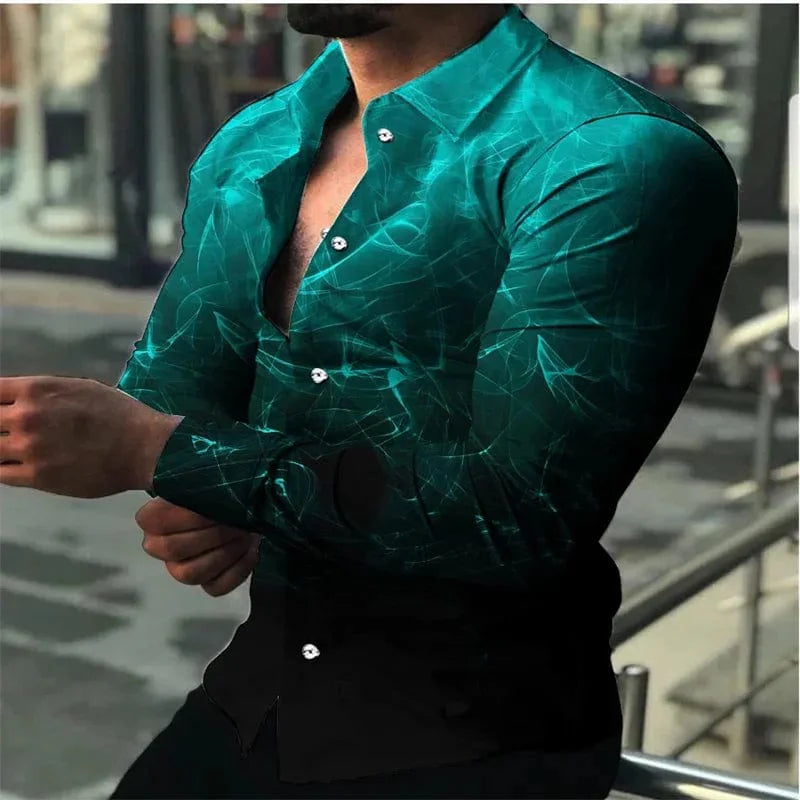 Men's SHOWLU long sleeve gradient casual shirt in green, black, blue, purple, and red with lapel, button-up design, breathable silk blend.