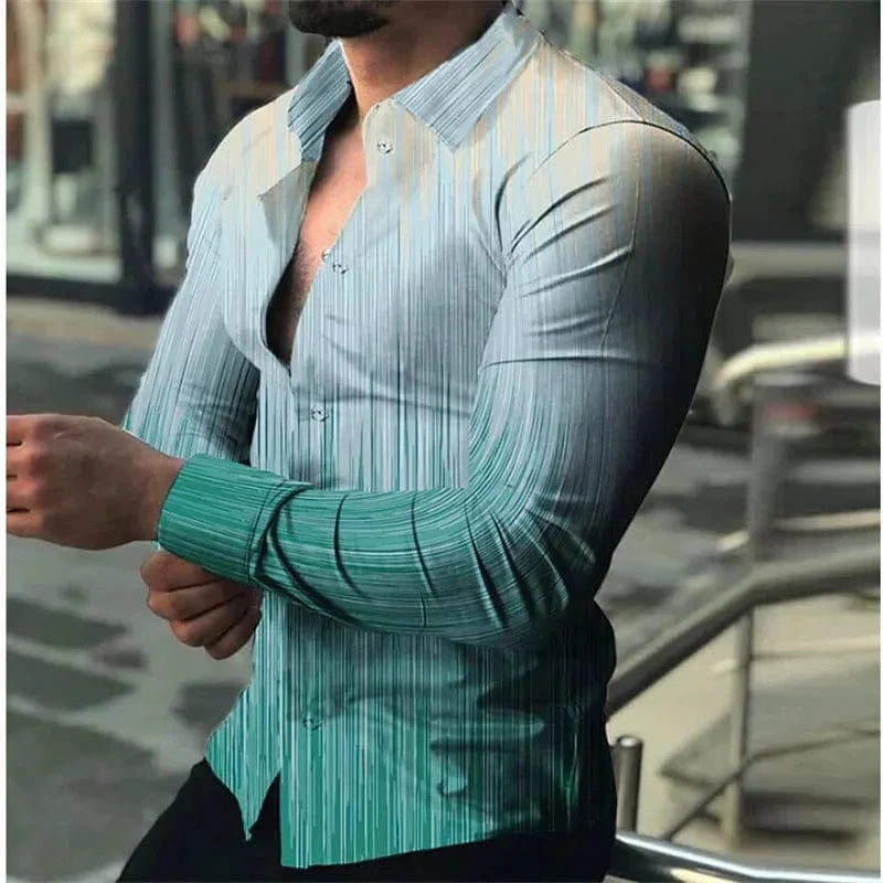 Men's long sleeve gradient casual shirt by SHOWLU FASHION STORE, breathable silk blend, green, black, blue, purple, and red colors.