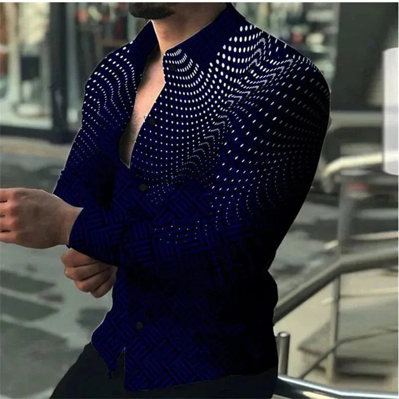 Men's SHOWLU long sleeve gradient casual shirt in green, black, blue, purple, and red, made from breathable silk blend fabric.