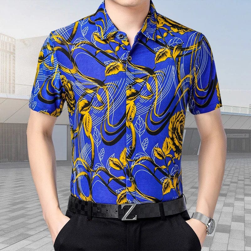 SHOWLU Men's printed silk blend casual short sleeve V-neck shirt with bold pattern, perfect for outdoor streetwear style.