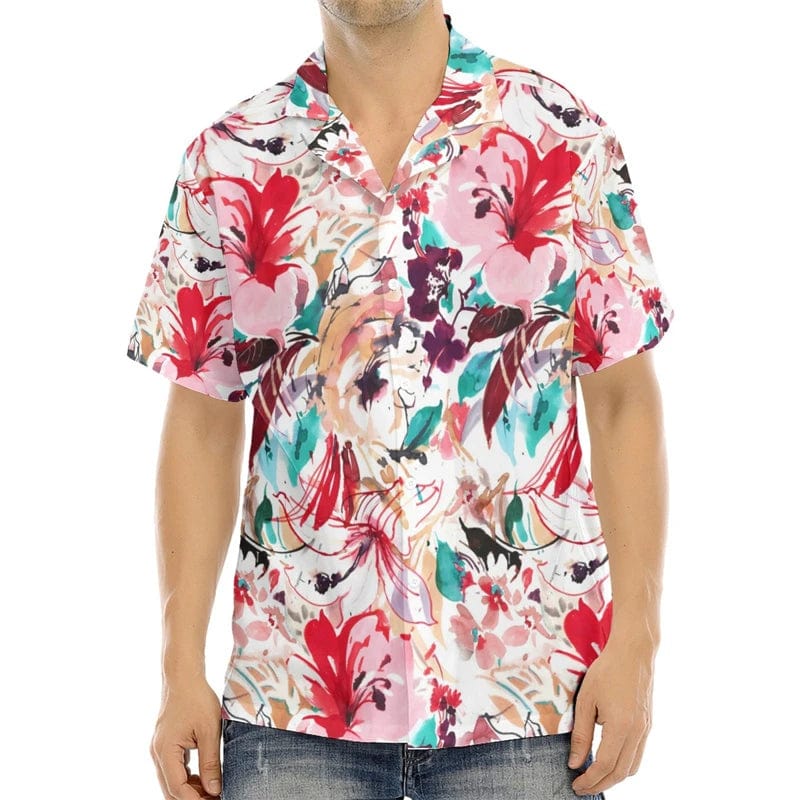 Men's printed silk blend casual short sleeve V-neck shirt by SHOWLU FASHION STORE, featuring bold pattern and relaxed streetwear style.