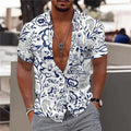 Men's printed silk blend casual short sleeve V-neck shirt by SHOWLU FASHION STORE, featuring a vibrant outdoor streetwear pattern.