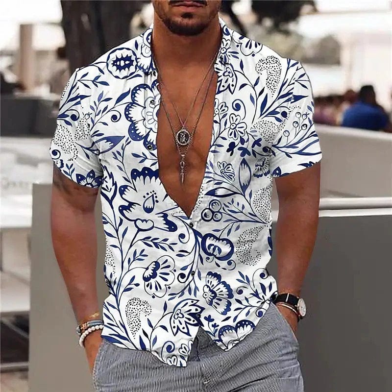 Men's printed silk blend casual short sleeve V-neck shirt by SHOWLU FASHION STORE, featuring a vibrant outdoor streetwear pattern.