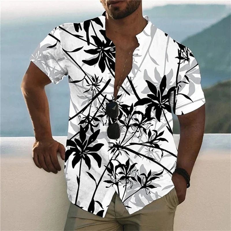 SHOWLU men's printed silk blend casual short sleeve V-neck shirt, featuring vibrant outdoor streetwear design and oversized fit.
