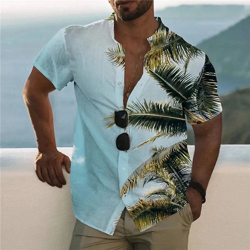 SHOWLU Men's printed silk blend casual short sleeve V-neck shirt with a stylish outdoor streetwear design.