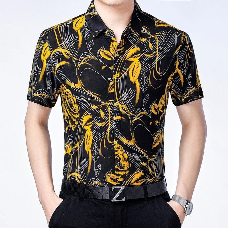 Men's printed silk blend casual shirt by SHOWLU FASHION STORE, short sleeve V-neck top with bold outdoor streetwear pattern.