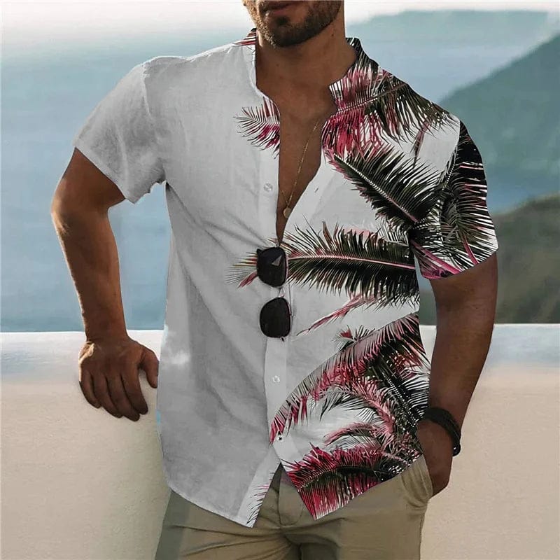 SHOWLU men's printed silk blend casual short sleeve V-neck shirt with bold pattern, perfect for outdoor and streetwear styles.