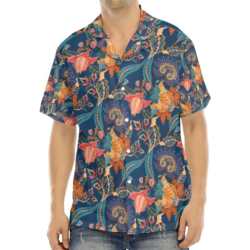 SHOWLU men's printed silk blend casual short sleeve V-neck shirt with bold pattern, suitable for outdoor and streetwear styles.