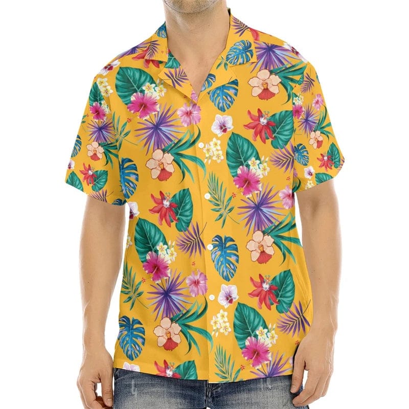Men's printed silk blend casual short sleeve V-neck shirt featuring bold pattern and relaxed street style from SHOWLU Fashion Store.