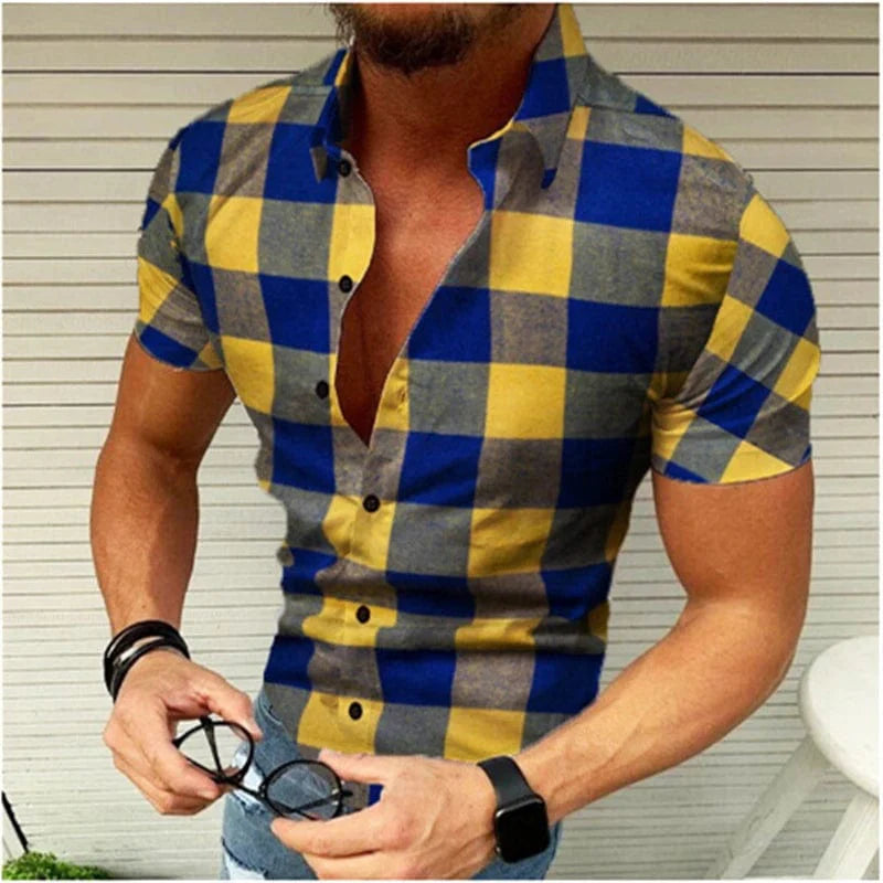 SHOWLU Men's printed silk blend casual short sleeve V-neck shirt with bold pattern, suitable for outdoor and street fashion.