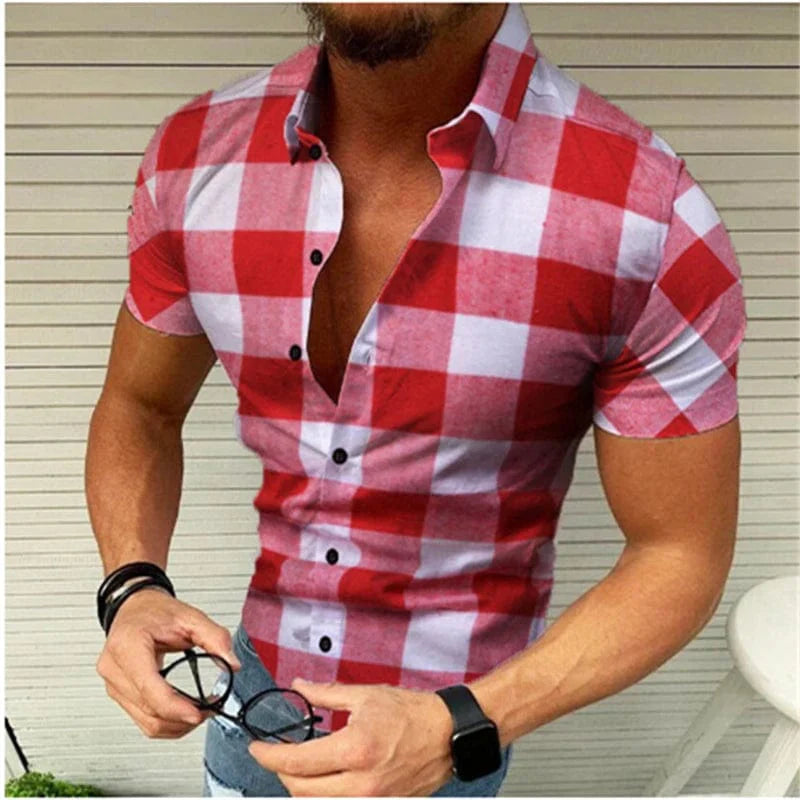 SHOWLU men's printed silk blend casual short sleeve V-neck shirt with bold pattern, suitable for outdoor and street fashion.