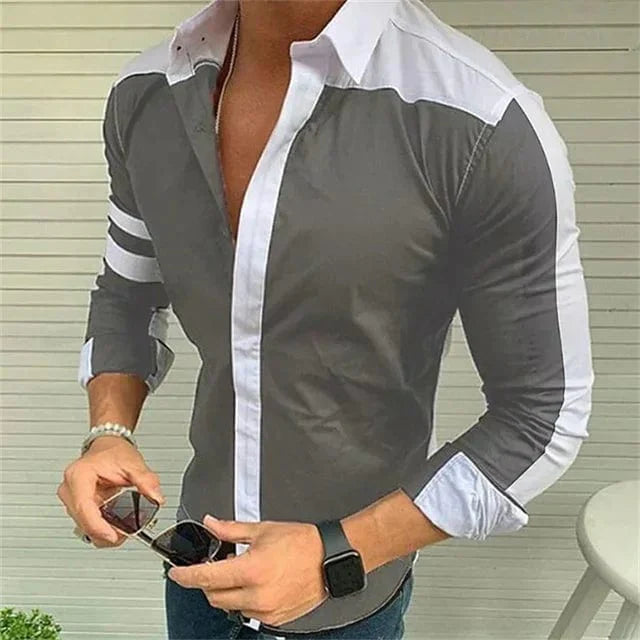 SHOWLU FASHION men's plaid geometric print long sleeve casual shirt with stand collar, suitable for outdoor and streetwear styles.