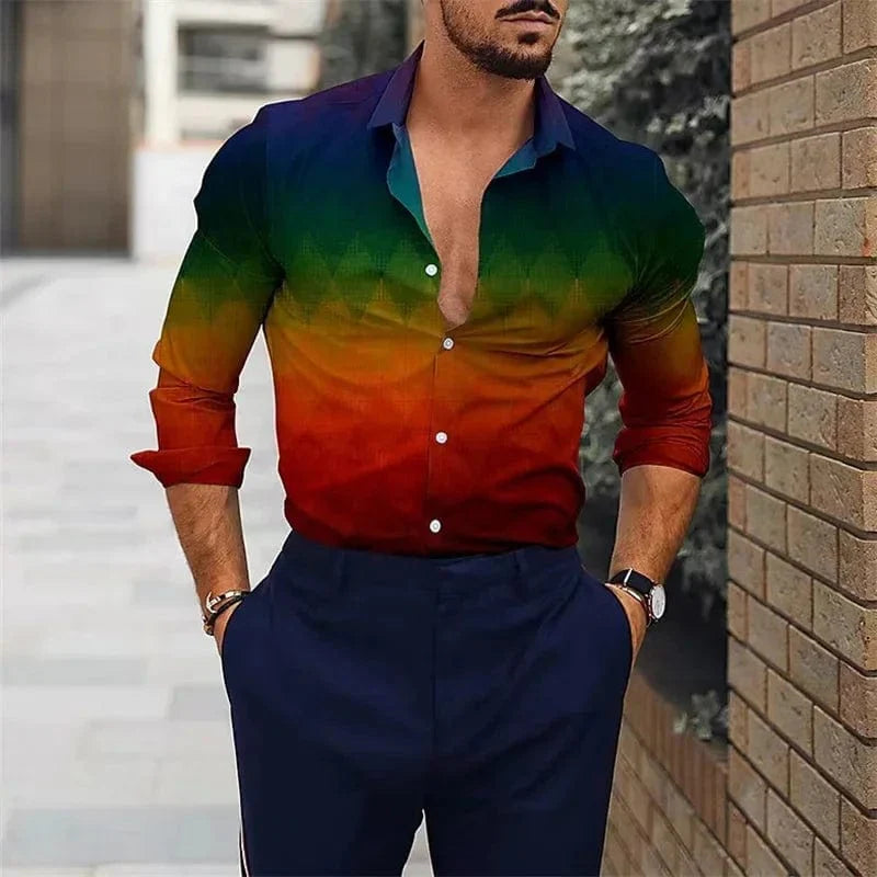 SHOWLU FASHION men's plaid geometric print long sleeve casual shirt with stand collar, suitable for outdoor streetwear style.