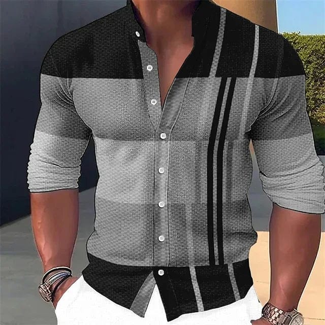 Men's plaid and geometric print long sleeve casual shirt by SHOWLU FASHION, featuring a stand collar and streetwear style.