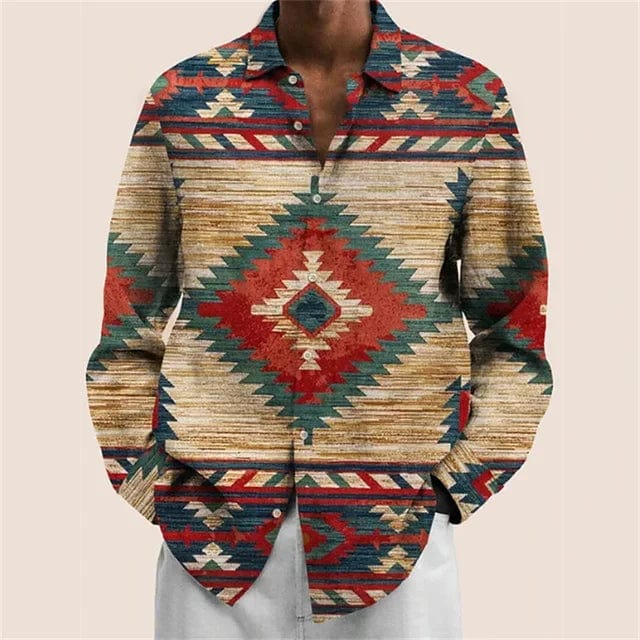 SHOWLU FASHION men's plaid and geometric print long sleeve casual shirt with stand collar, suitable for outdoor and streetwear styles.