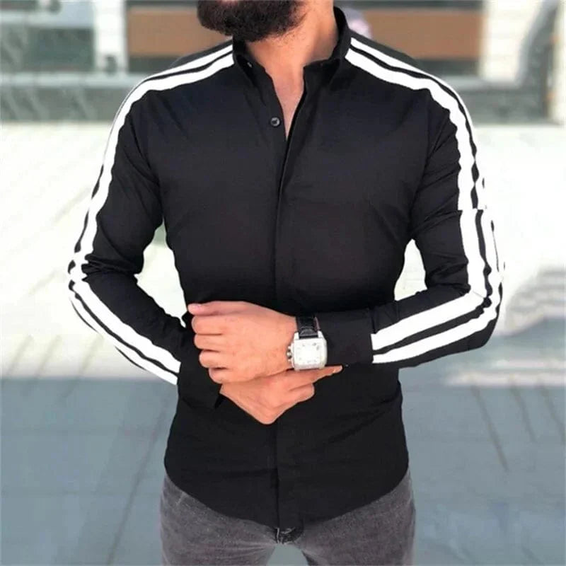 SHOWLU FASHION men's plaid geometric print long sleeve casual shirt with stand collar, suitable for outdoor and streetwear styles.