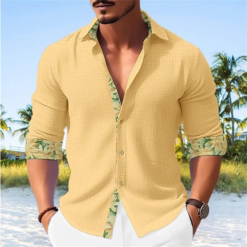 SHOWLU FASHION men's plaid geometric print long sleeve casual shirt with stand collar, suitable for outdoor and streetwear styles.