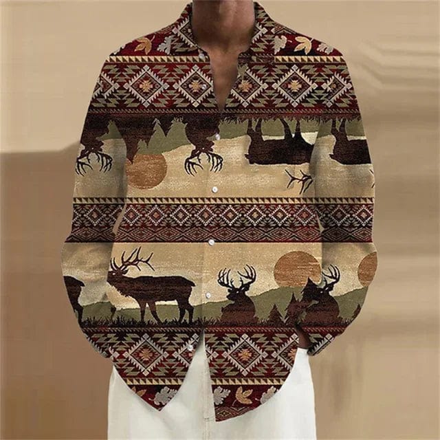 Men's plaid geometric print long sleeve casual shirt by SHOWLU FASHION, featuring a stand collar and streetwear-inspired design.