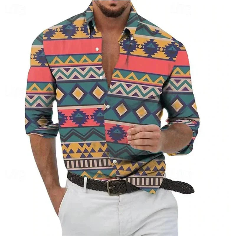 SHOWLU FASHION men's plaid geometric print long sleeve casual shirt with stand collar, suitable for outdoor streetwear and fashion styles.