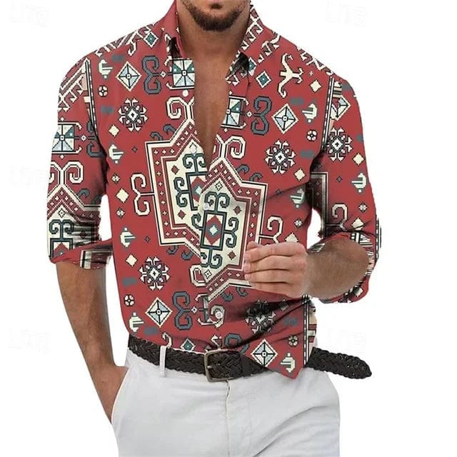 Men's plaid and geometric print long sleeve casual shirt by SHOWLU FASHION, featuring stand collar and streetwear style.