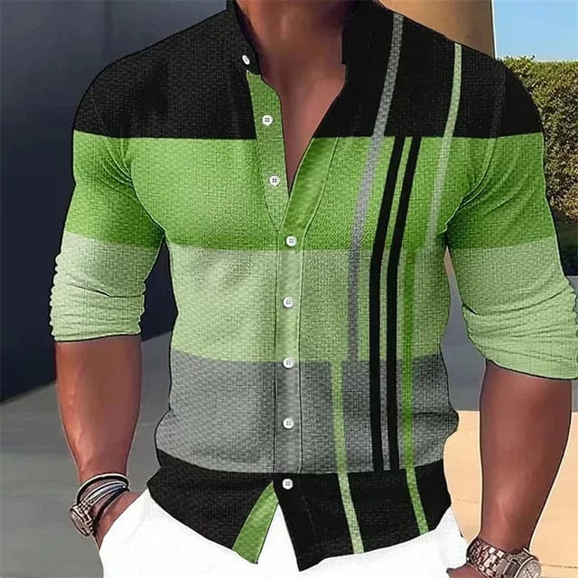 Men's plaid geometric print long sleeve casual shirt by SHOWLU FASHION with stand collar, suitable for outdoor and streetwear styles.