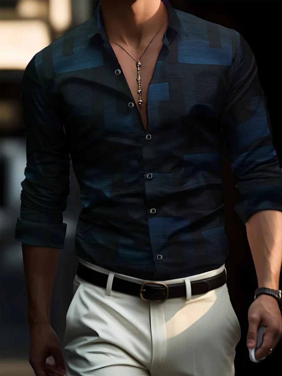 SHOWLU men's 3D geometric print long sleeve casual and business shirt with a modern design and lapel collar.