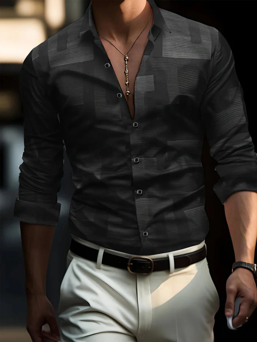 Men's SHOWLU 3D geometric print long sleeve casual business shirt with a modern design and lapel collar, oversized fit.