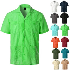 Mens Short Sleeve Cuban Camp Guayabera Shirt Linen Cotton Hippie Beach Button Down Shirts - SHOWLU FASHION STORE