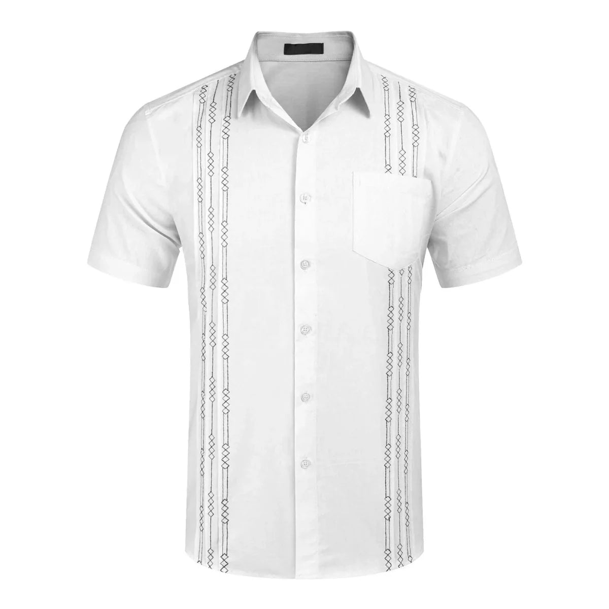 Men's short sleeve linen Cuban shirt by Showlu Fashion with embroidery, pocket, floral pattern, perfect for beach or holiday wear.