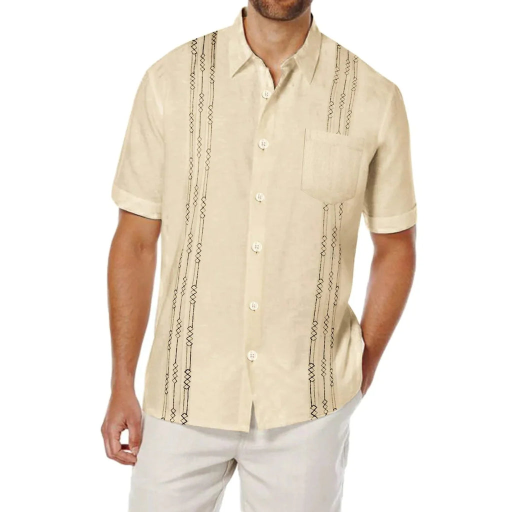 Showlu men's short sleeve linen Cuban shirt with embroidery, pocket, and floral design, perfect for casual or holiday wear.