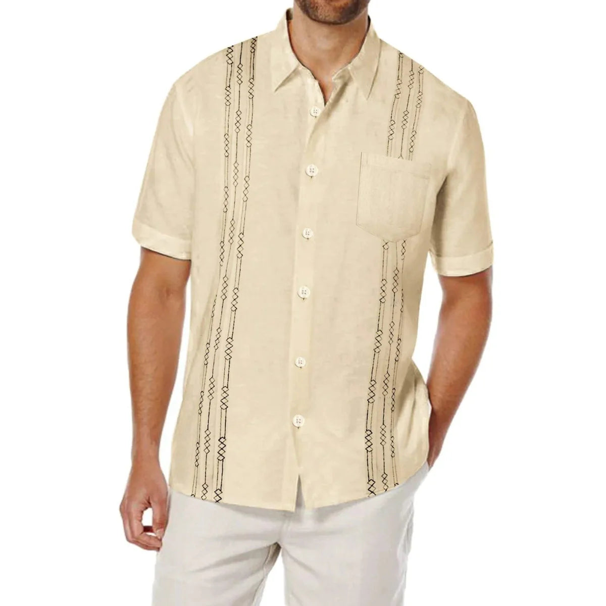 Showlu men's short sleeve linen Cuban shirt with embroidery, pocket, and floral design, perfect for casual or holiday wear.
