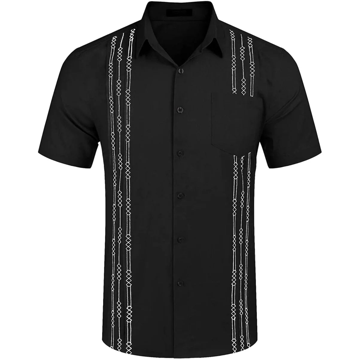 Showlu men's short sleeve linen Cuban shirt with embroidered floral details, pocket, perfect for beach or casual summer wear.