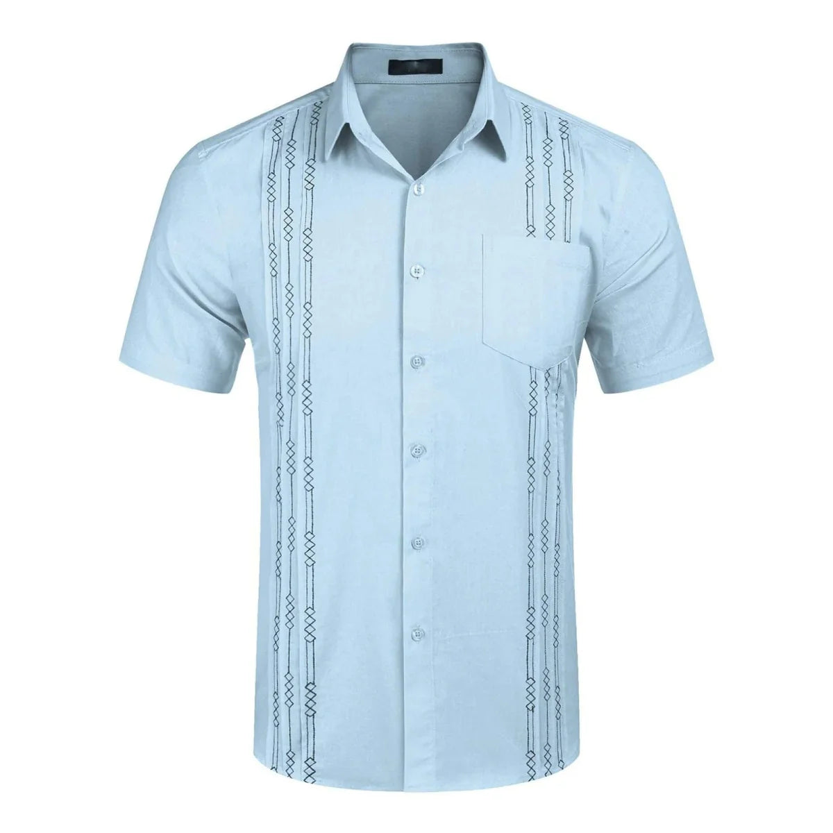 Men's short sleeve linen Cuban shirt by Showlu Fashion, featuring embroidered details, pocket, and floral design for casual or holiday wear.
