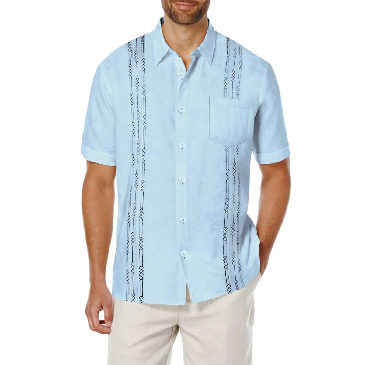 Men's short sleeve linen Cuban shirt with embroidery, featuring pocket and floral design, perfect for casual or holiday wear.