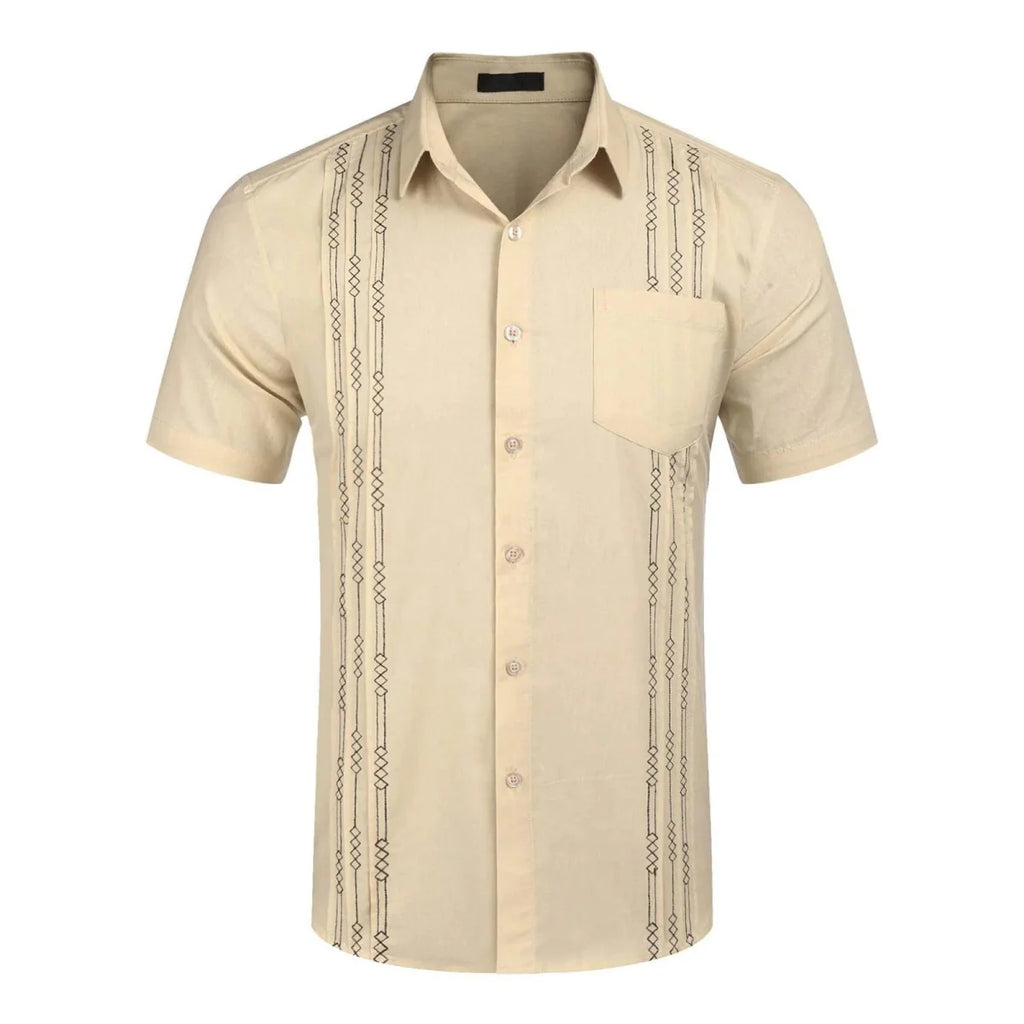 Men's short sleeve linen Cuban shirt by Showlu Fashion, featuring embroidered details, front pocket, and floral holiday-inspired design.
