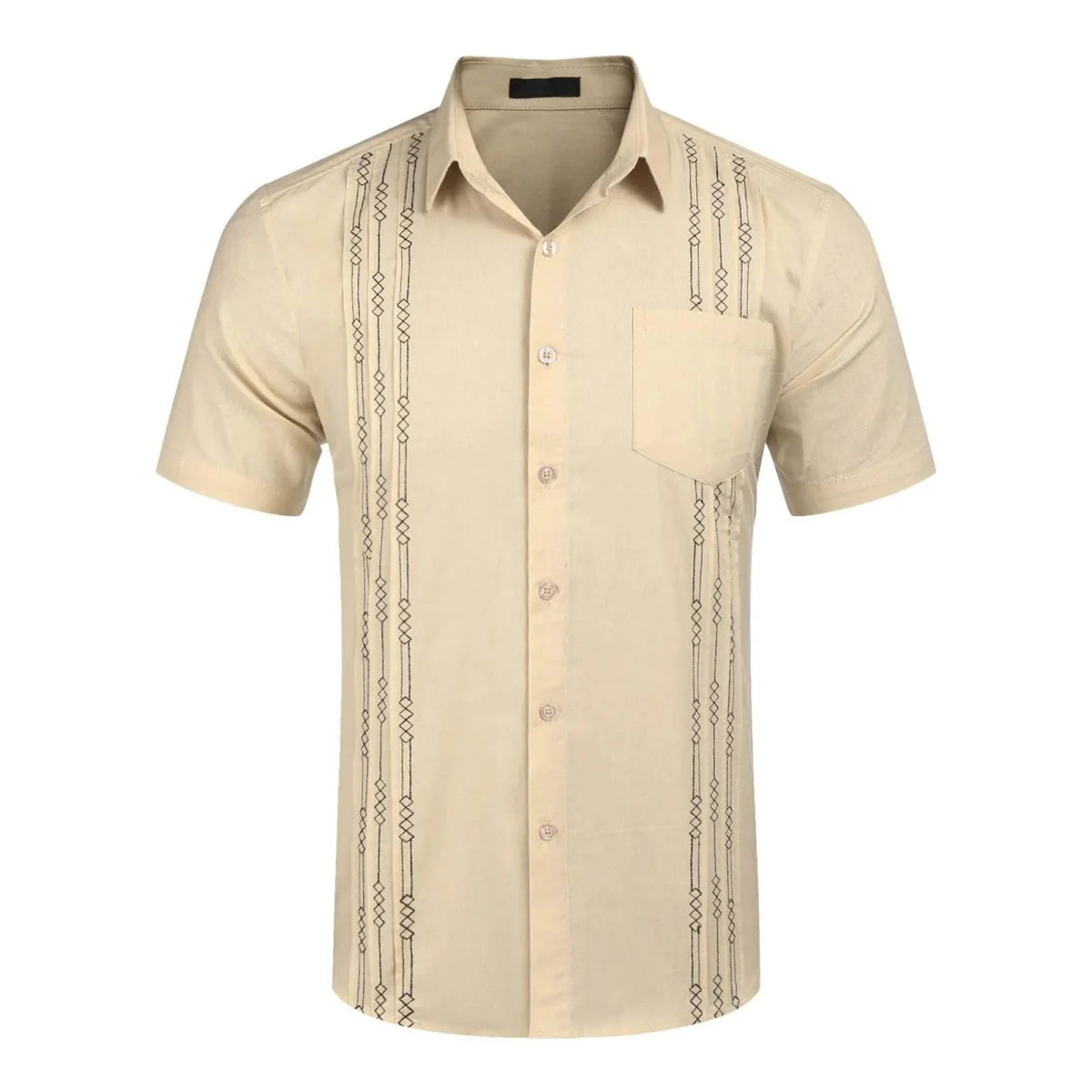 Men's short sleeve linen Cuban shirt by Showlu Fashion, featuring embroidered details, front pocket, and floral holiday-inspired design.