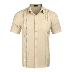 Men's Short Sleeve Linen Shirt Cuban Beach Tops Pocket Guayabera Shirts Social dress shirt Solid Shirts Flower Holiday - SHOWLU FASHION STORE