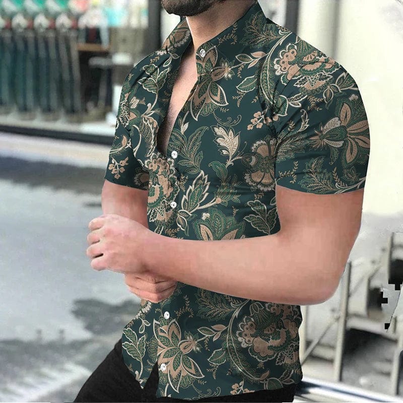 Men's vintage floral print short sleeve social shirt by ZHANLINWU, featuring colorful floral design, perfect for summer streetwear.