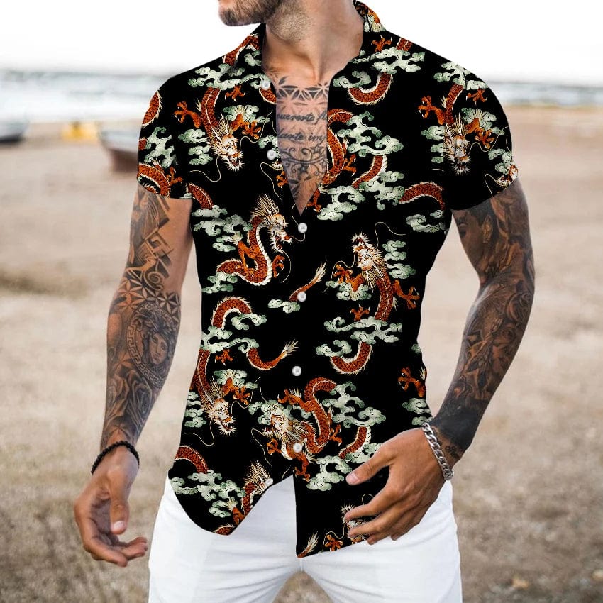 Men's vintage floral print short sleeve social shirt by SHOWLU FASHION, featuring summer streetwear style and oversized fit.