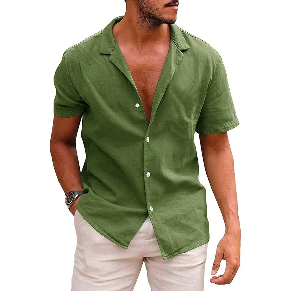 Men's solid color short-sleeve shirt with summer point collar, European and American style, by Showlu Fashion.
