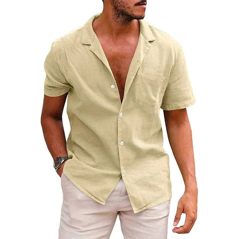 Showlu Fashion men's solid color short-sleeve summer shirt with point collar, button-up design, European and American style.