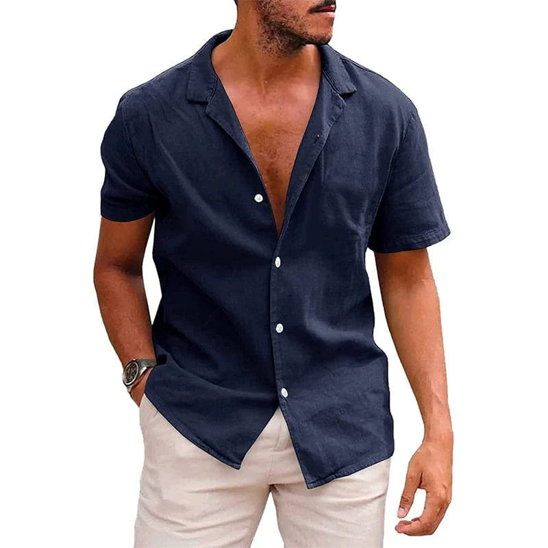 Showlu Fashion men's solid color short-sleeve shirt with summer point collar, European and American style, button front.