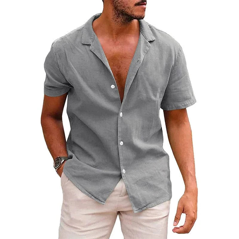 Showlu Fashion men's solid color short-sleeve summer shirt with point collar, European and American style, button-front casual shirt.