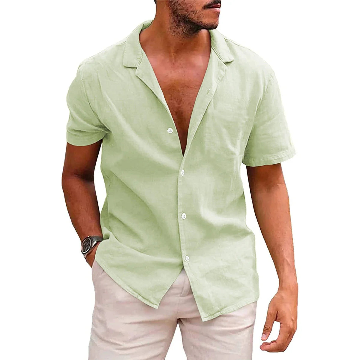 Men's solid color short-sleeve shirt with summer point collar by Showlu Fashion, European and American style, button-up design.