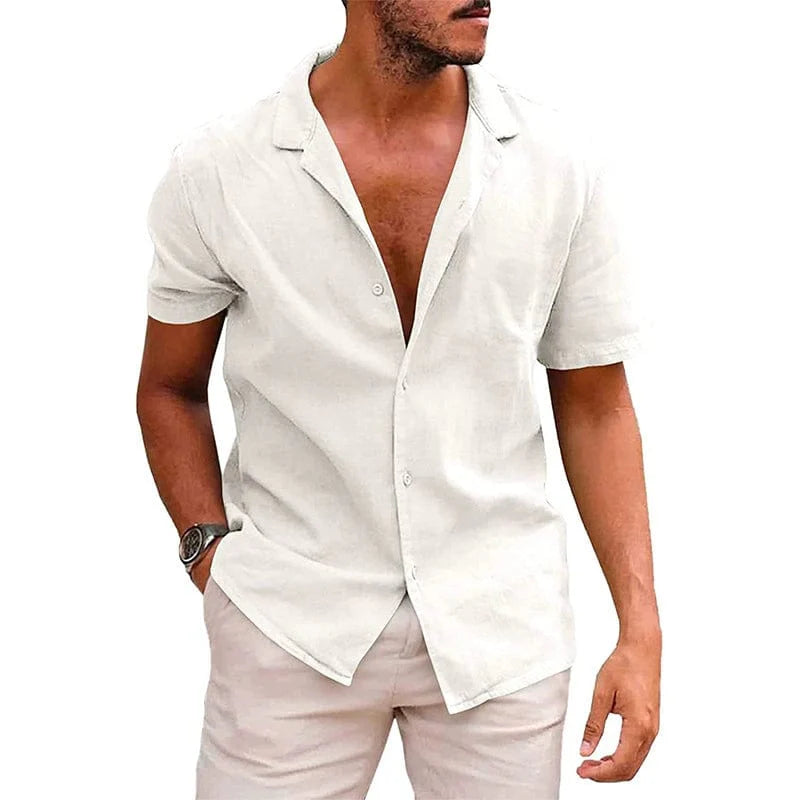 Showlu Fashion men's solid color short-sleeve shirt with summer point collar, European and American style, button-up casual shirt